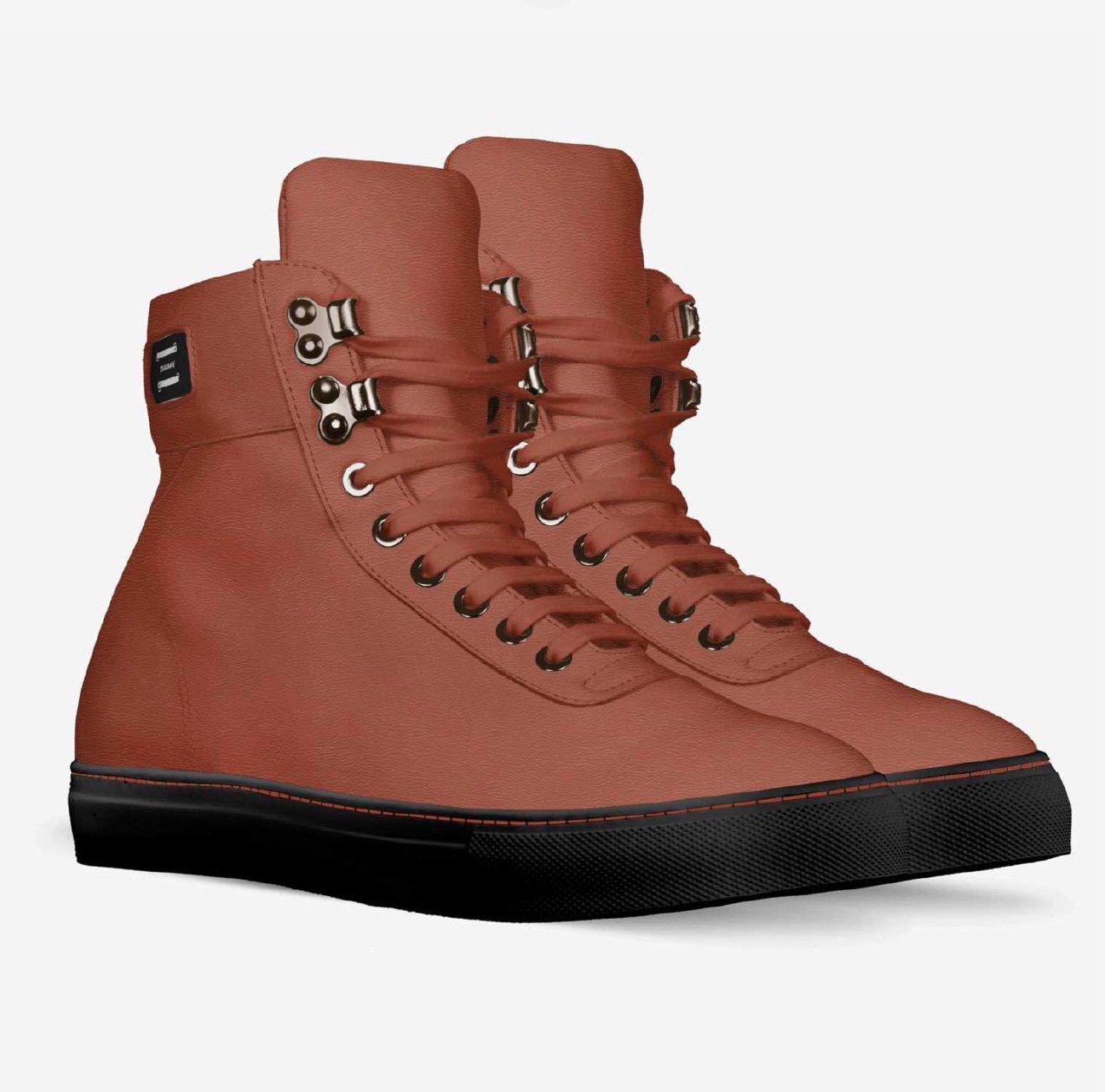 Brown leather high-top sneakers with laces, featuring a stylish design suitable for casual wear.